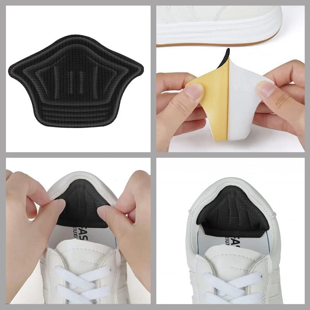 Zwarte gewatteerde hielgrips voor schoenen – Zelfklevende hielkussentjes tegen slippen en blaren, getoond in een witte sneaker